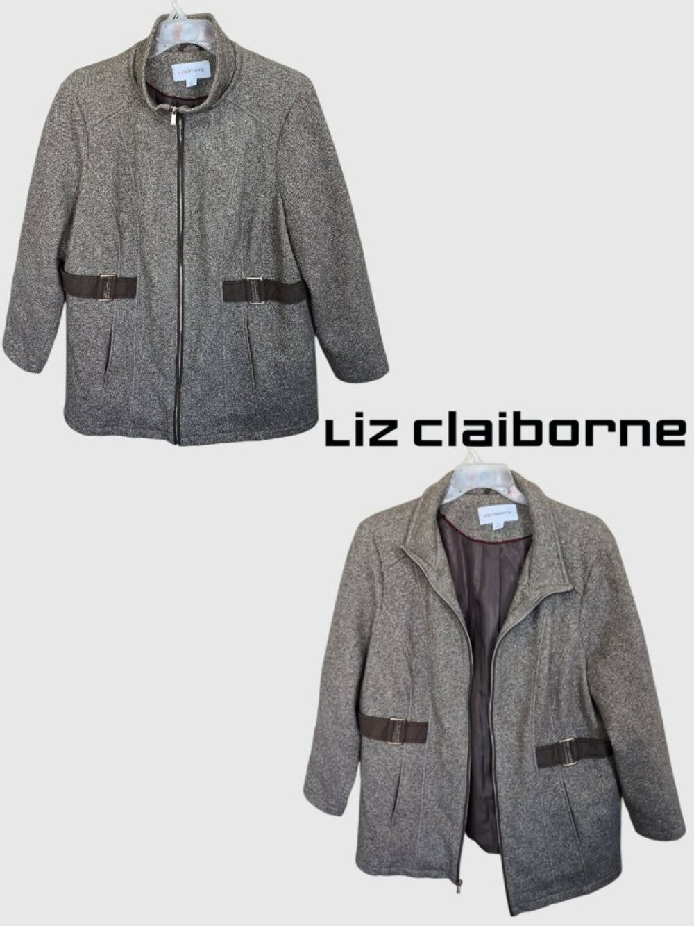 Liz Claiborne Brown Tweed Full Zip Blazer Cotton Coat Jacket Womens Plus 1X